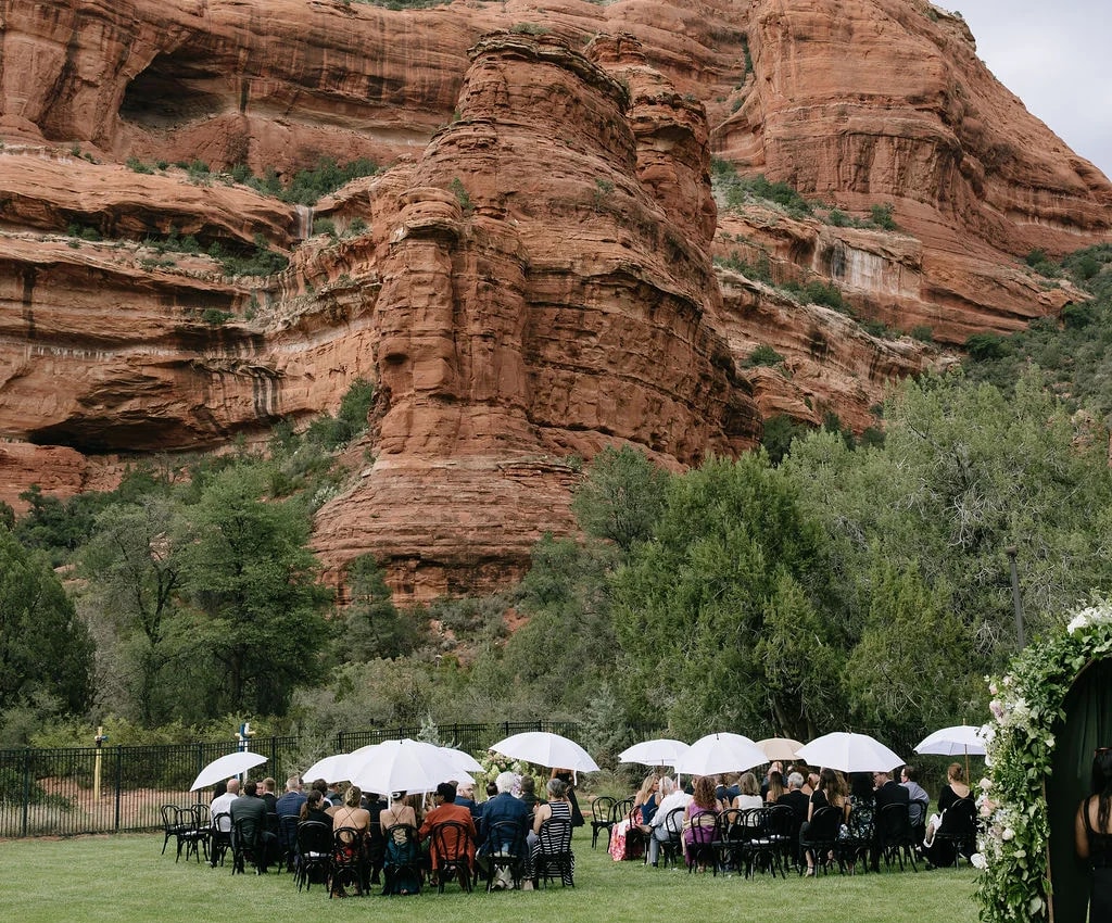 Wedding ceremony beneath the red rock cliffs of Boynton Canyon at Enchantment Resort, Sedona